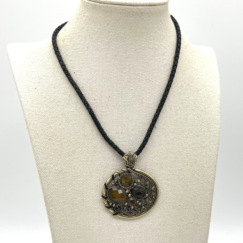 Lia Sophia Bronze Tigers Eye Smoky Quartz Braided Cord Statement Necklace